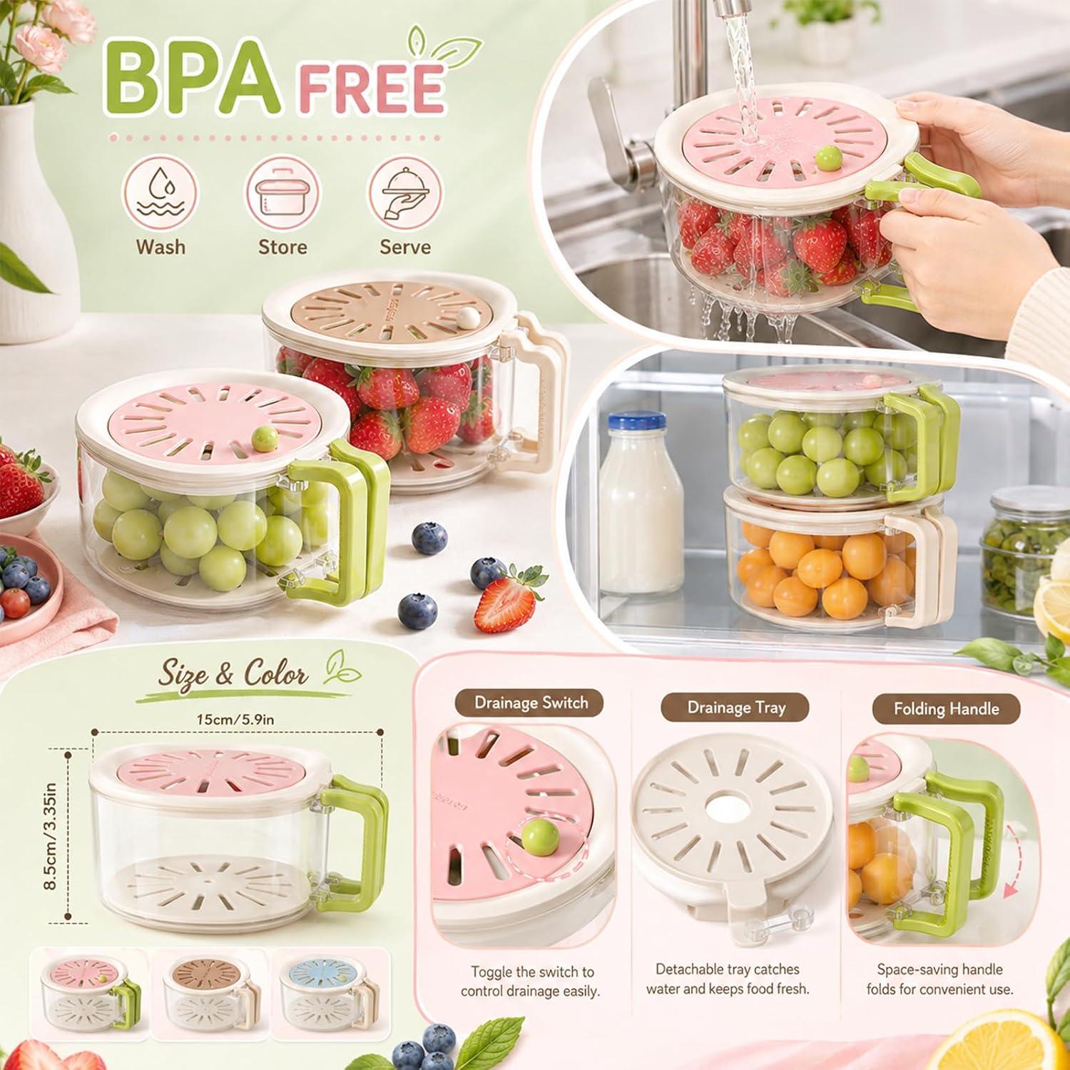 2PCS Fruit Vegetable Washing Bowl with Strainer,Adjustable (Pink+Pink)