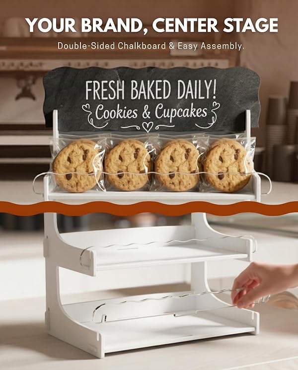 HOTCAN Cookie Display Stand for Bakers & Vendors with Acrylic Front | Wooden Dessert Stand with Chalkboard Sign for Market Booths, Craft Fairs & Events | 2 Tiered Cookie Display for Cupcakes, Muffins & Pastries (White) by HOTCAN - Used condition - Image 3