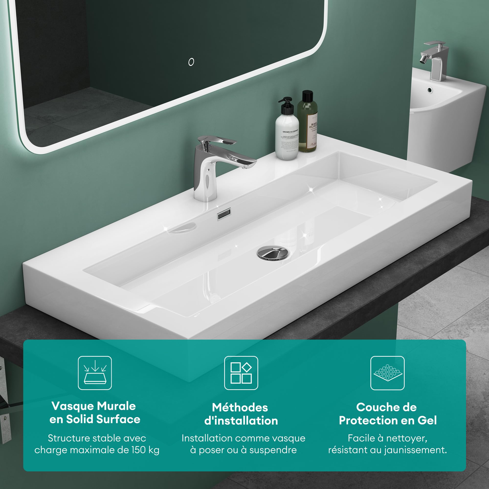 Mai & Mai Lavabo Rectangulaire Posé Suspendu 60x48x10cm avec Trop-Plein | Vasque Lavabo, Perçage Robinet, Surface Lisse, et Facile à Nettoyer, pour Salle de Bains Moderne, Colossum18