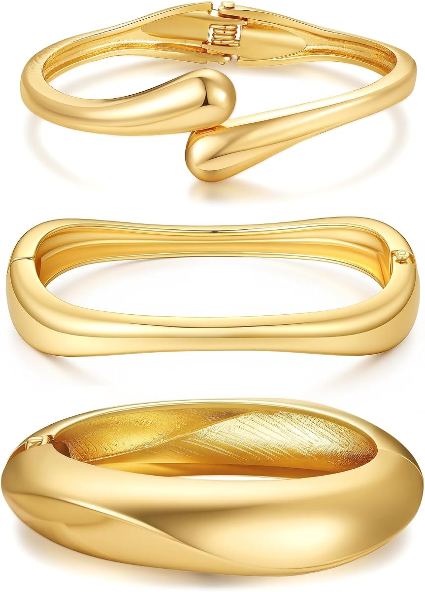 Chunky Gold Bangle Bracelets Set for Women Girls Non Tarnish | 14k Gold Plated, Chunky Stackable Bangle Bracelets for Women, Gold Cuff Bracelet Stack Set, Statement Jewelry Gifts