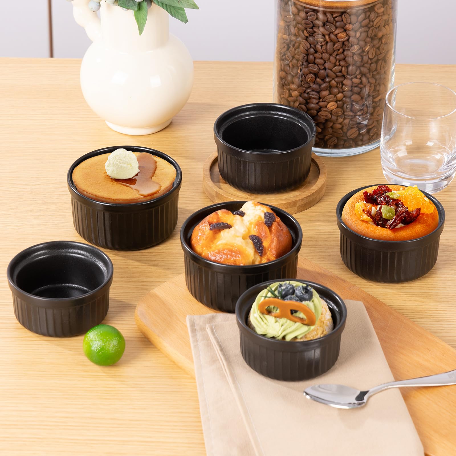 Yachi Ramequines de cerámica de 6 onzas, juego de 6, Ramekin de porcelana, apto para horno, soufflé de gres, soufflés para hornear, crema brulées, natillas, pudines, apto para horno y lavavajillas