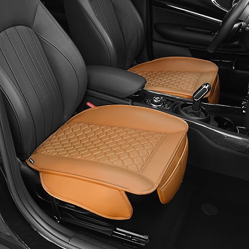 Miniatura 10 de Elantrip 2 fundas de asiento de automóvil de piel sintética beige con acolchado cómodo y bolsillos de almacenamiento, impermeables, antideslizantes,