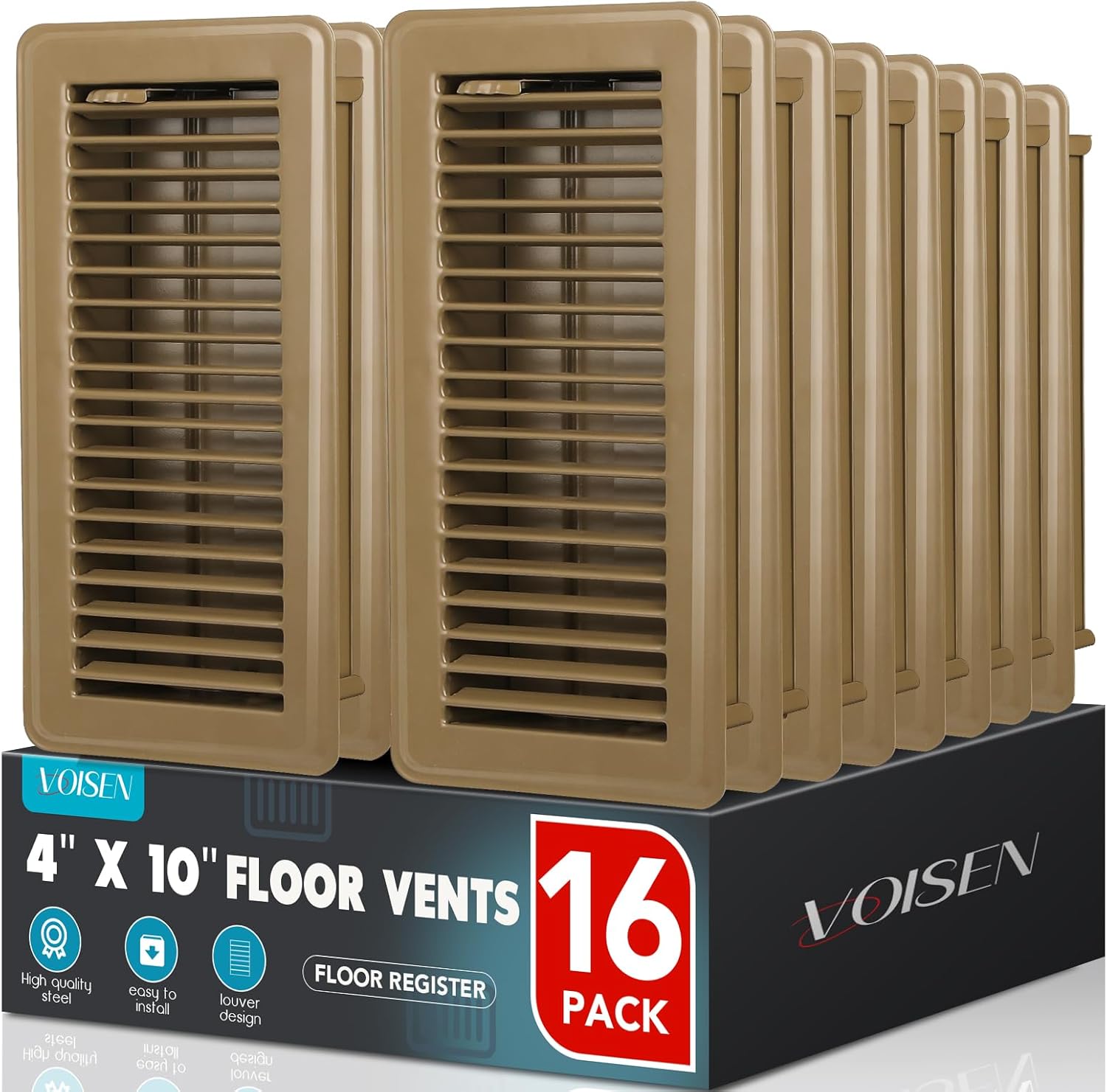 voisen floor register 4x10, 16 pack floor vent covers, steel adjustable air supply grille register vent cover grill for sidewall and floor, vent covers for home floor,brown 4x10 inches brown 16pcs
