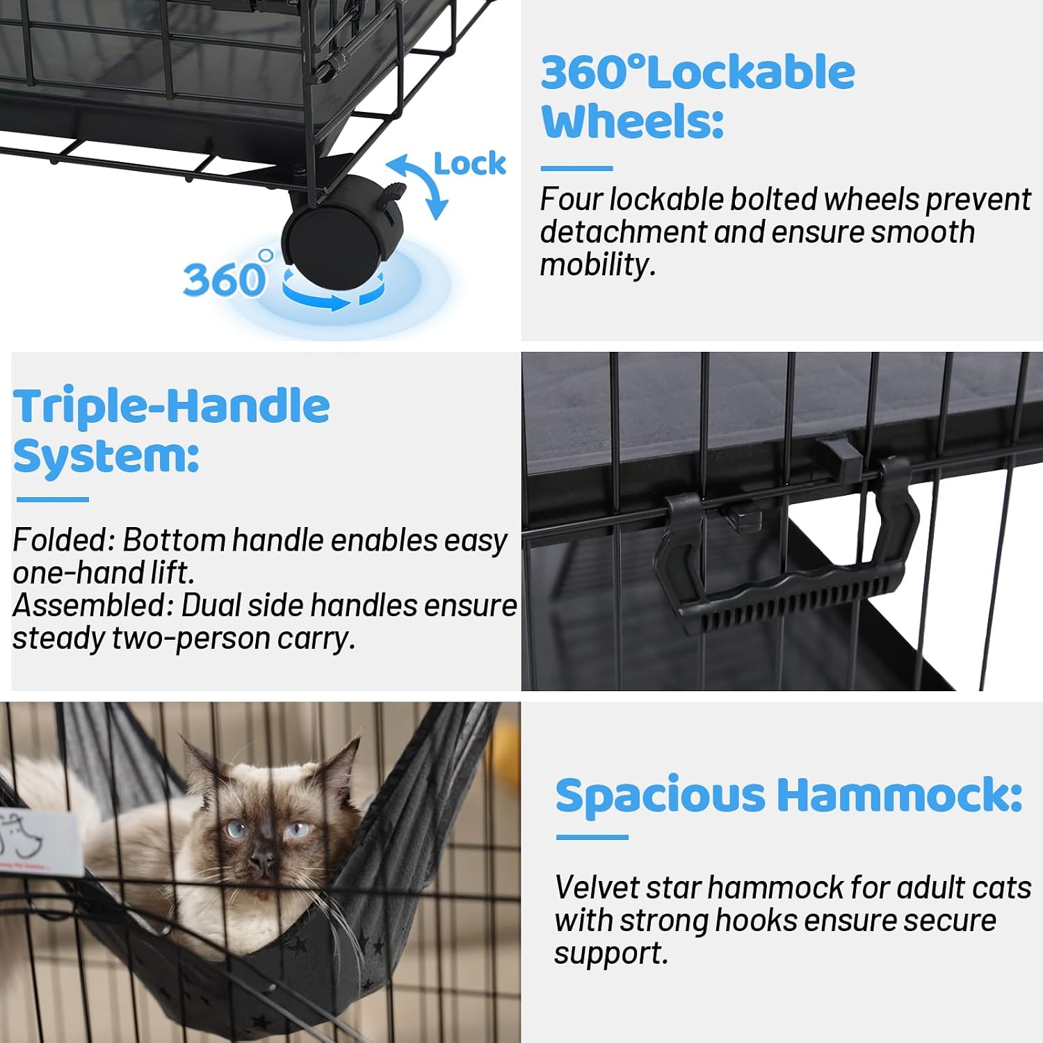 Homey Pet 51 Inch Cat Cages Indoor, 3-Tier Cat Crates for Indoor Cats, Collapsible Metal Wire Large Cat Kennel Big Multi-Level Kitten Crate with Wide Side Door, Plastic Platform, Ramp, 360° Wheel
