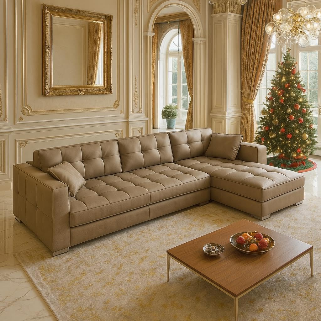 Stanza Button Tufted Modern RHS Fiberfill Leatherate Sofa for Home Living Room Reception and Function Halls 2+1+ Longer Seater Beige-image-35