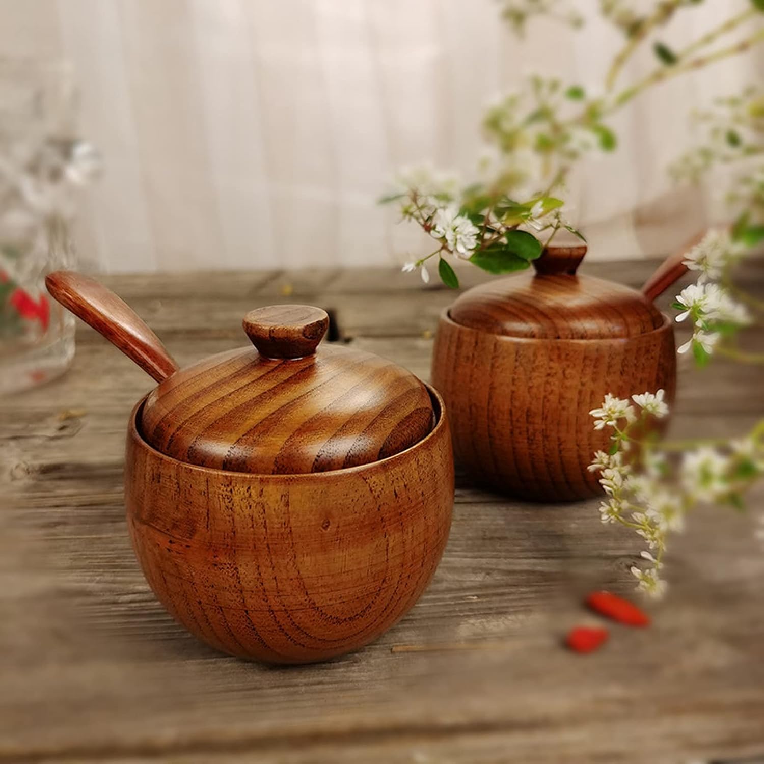 Japanese Seasoning Jar, Condiment Pots Set of 2, Decorative Jars, Spice Jars Salt Shaker Wooden Container with Lid and Spoon for Kitchen
