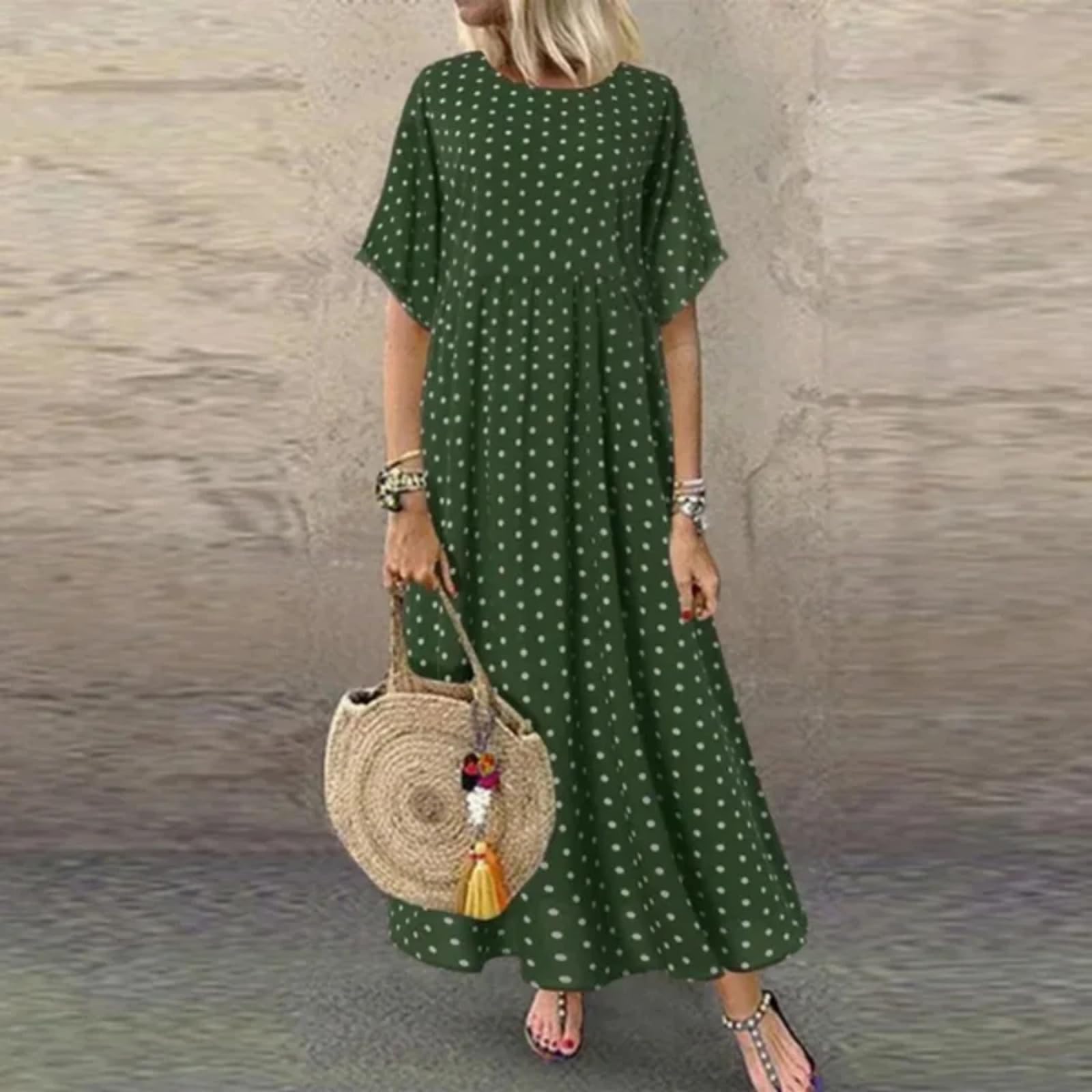 Abito Vintage Stampato Estate a Maniche Mezze Abito Largo Casual Donna Plus Size Vestito Lungo Grandi Vesti Vesti