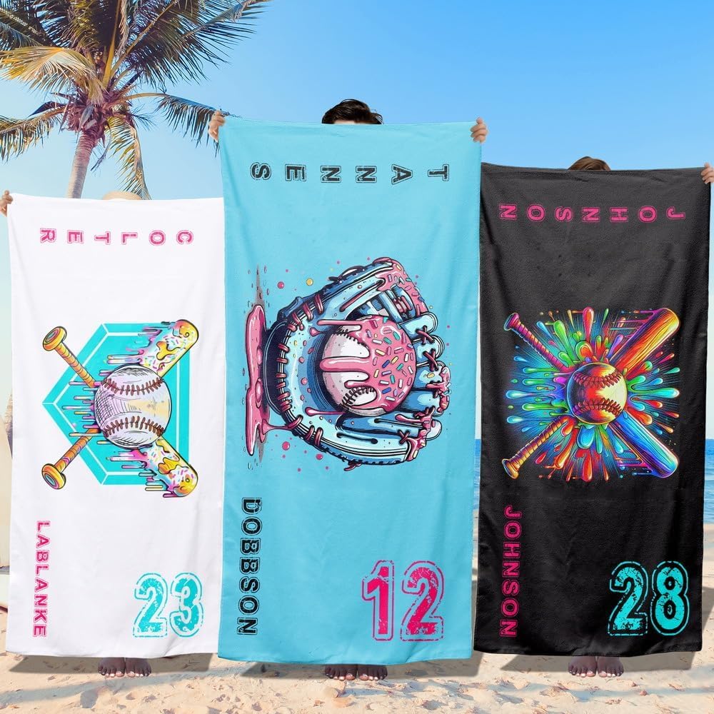 Loosusu Personalised Beach Towels for Kids - Custom Boys Baseball Beach Towel with Name,Quick Dry Swim/Pool Towel for Spring Break & Summer Fun,Team Gift,Youth Baseball Gift for Boys(6 Colors)