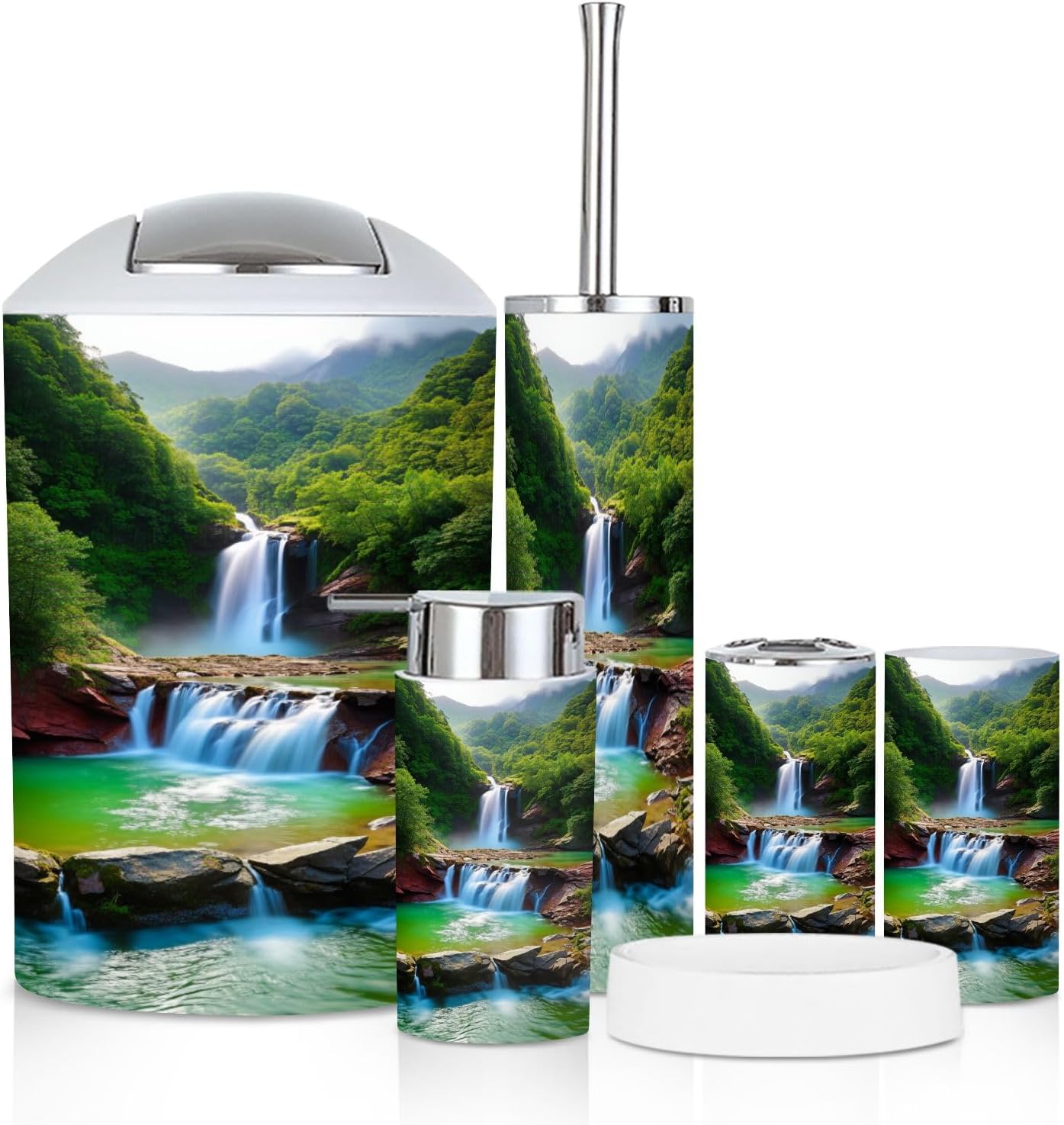 Bathroom Accessory Set 6 Piece 3D Green Forest Nature Scenery Spring Decor Natural Waterfall Trash can, Toothbrush Holder, Soap Dispenser, Soap Dish, Toothbrush Cup, Toilet Brush Holder