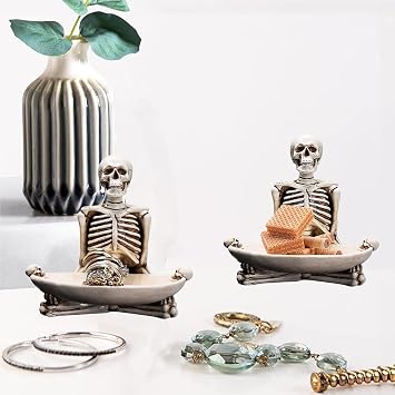 Halloween Skull Jewelry Ring Holder, Yoga Skeleton Holding Dish Front Door Decor, Jewelry Display Holder Jewelry Organizer, Candy Bowl Halloween Skeleton Decor Gifts for Husband Wife White-2Pcs