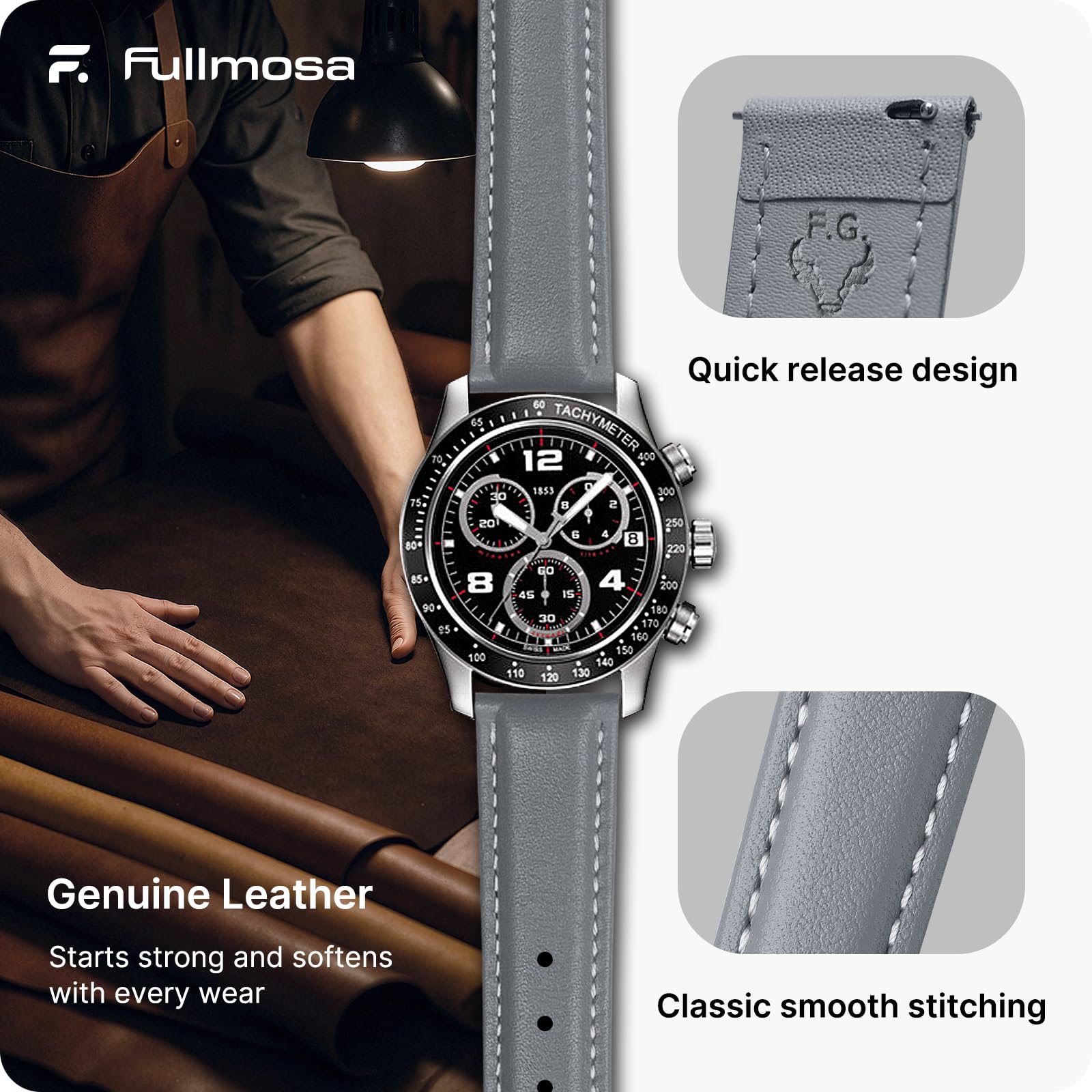 Fullmosa Watch Strap, Genuine Leather Watch Straps with Stainless Metal Clasp, Quick Release Replacement Bands, 14mm 16mm 18mm 19mm 20mm 22mm 24mm, Grey