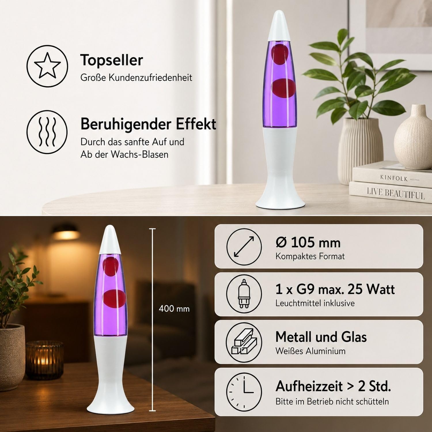 Easylight Lámpara de lava vidrio aluminio blanco púrpura rojo juvenil sala de estar H:40 cm G9 incluido atmosférica retro lámpara de mesa sala de fiestas ROXY