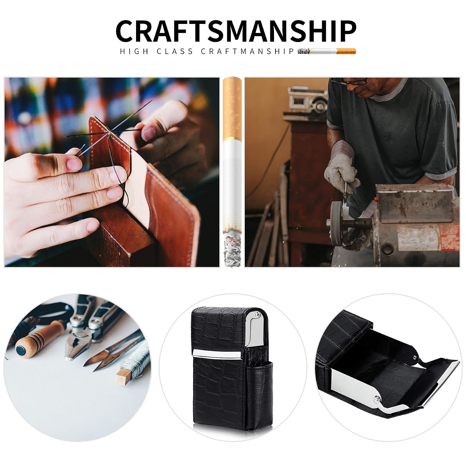 PU Leather Sliding Cigarette Box Case with Lighter Holder and Belt Loop for Men and Women Unisex