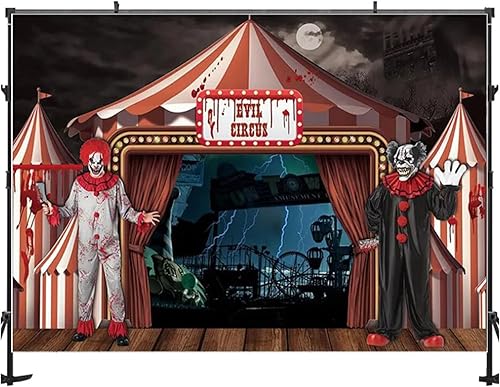 Miniatura 3 de Telón de fondo de fotografía de circo de terror, decoración de fiesta de Halloween, telón de fondo de carnaval, casa embrujada, payaso gigante