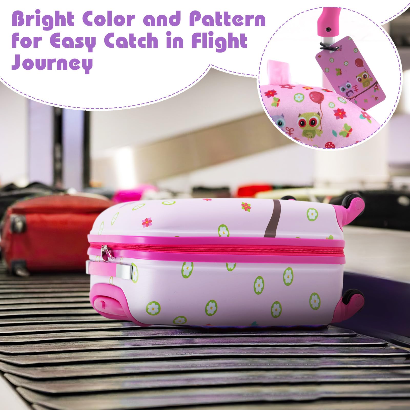 SOARS Set di 5 Pezzi Valigia 16’’ + Zaino 13’’ per Bambini, Bagagli 5-in-1 con Cuscino per Collo, Borsetta da Pranzo e Etichetta, Trolley con Maniglia Telescopica e Ruote Universali (Rosa Gufo)