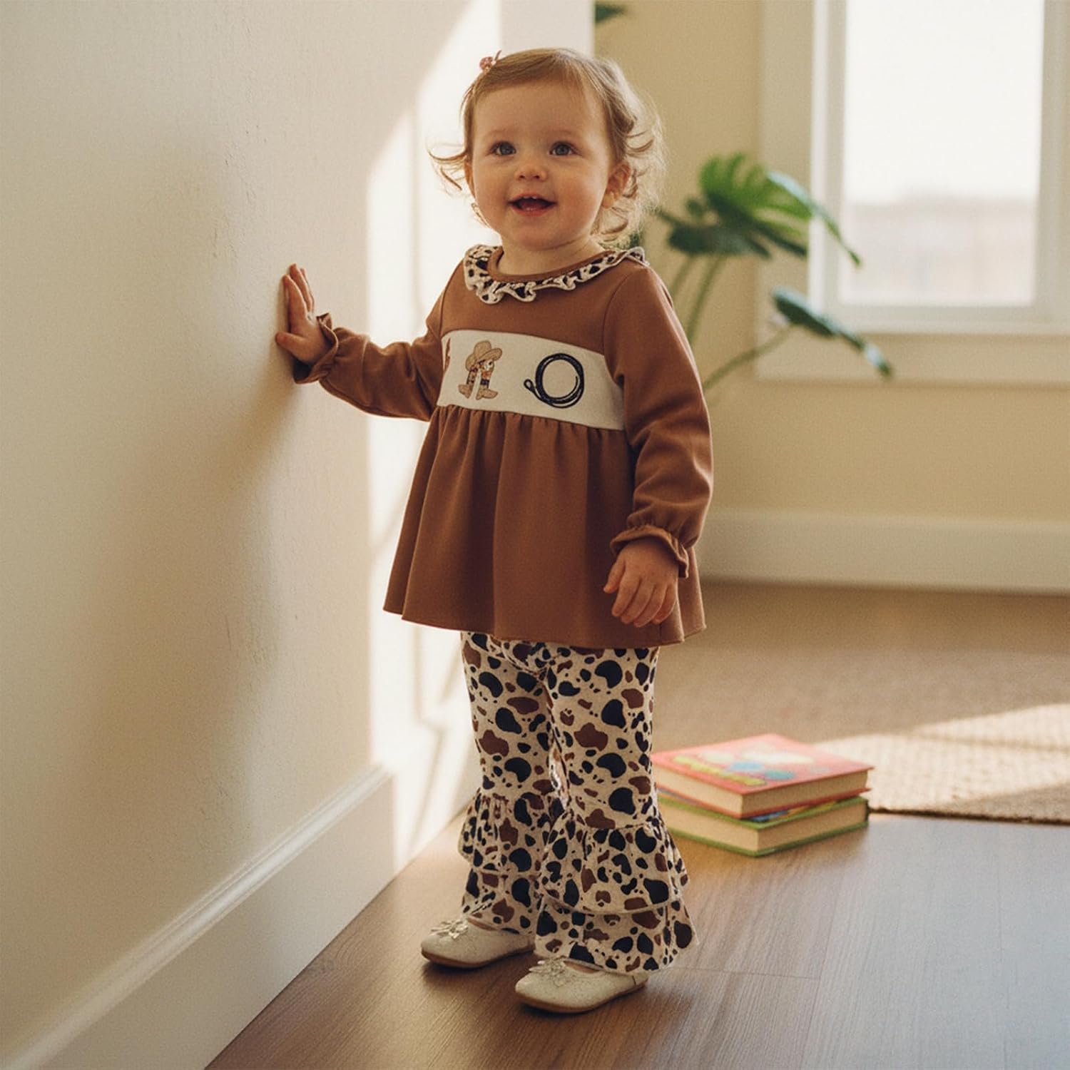 Toddler Baby Girl Winter Clothes Cow Embroidery Puff Long Sleeve Top Flared Pants Set Western Baby Girl Clothes