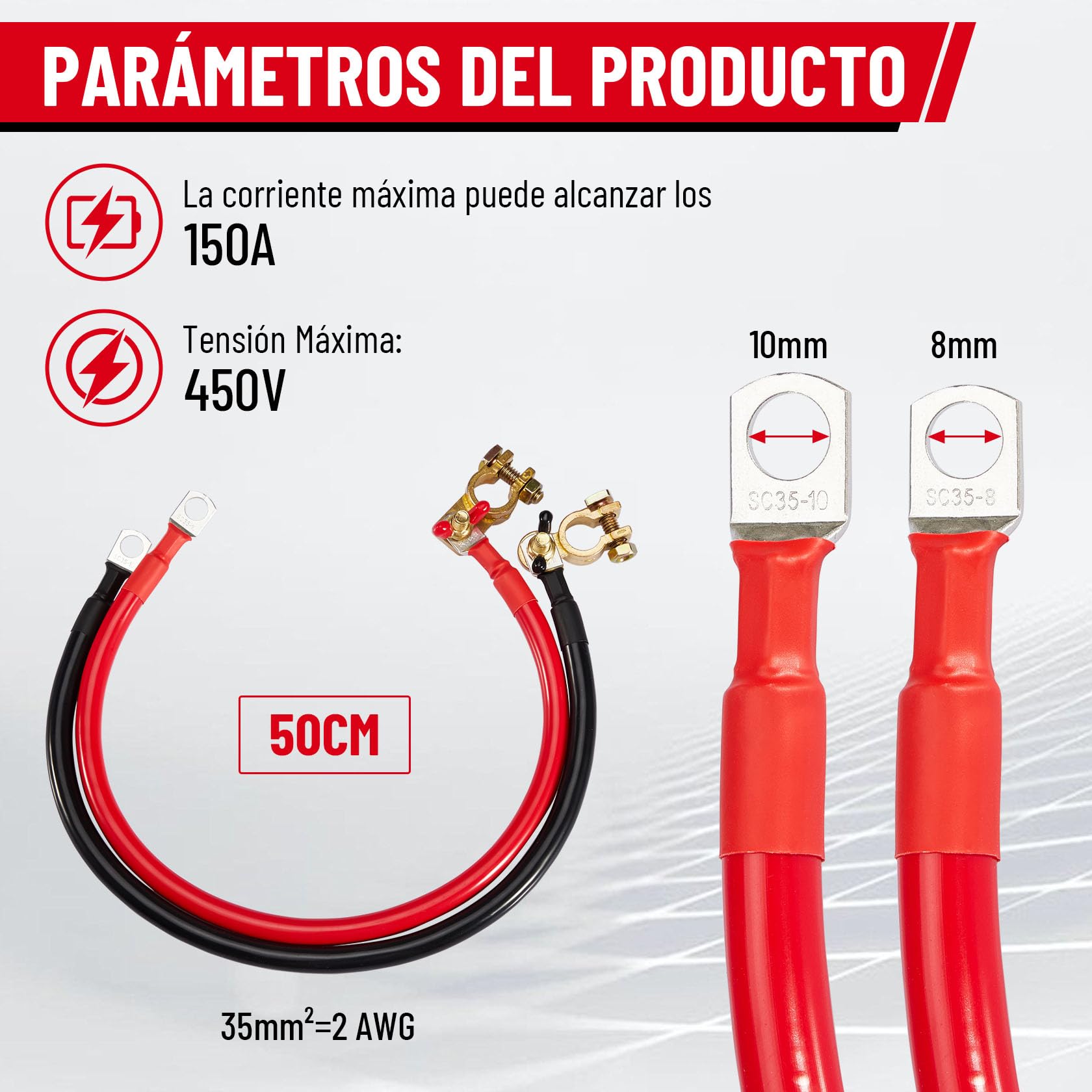 CarBole Cable de Batería 35mm²,2AWG,50cm,Cables Bateria,Hilos de Cobre Estañado y Terminales de Cobre Estañado con Excelente Conductividad Eléctrica para Automóvil,Camión, Moto,RV,Marino