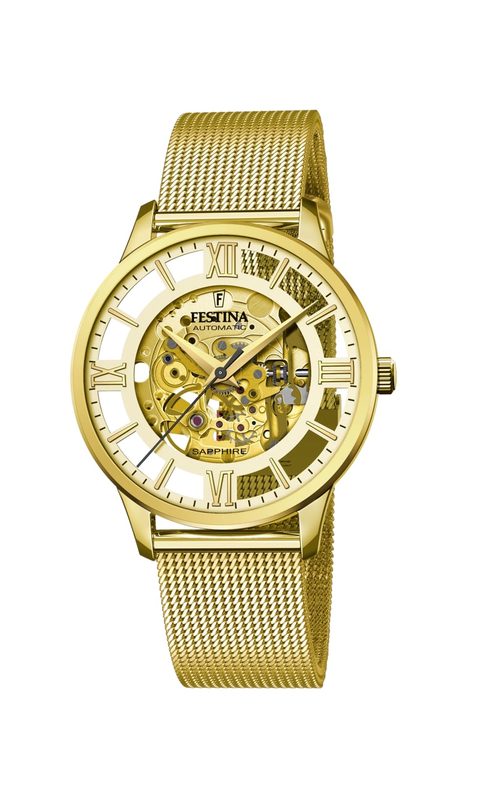 Festina Montre Homme Automatique en Acier Inoxydable 316L Doré Montre Analogique Homme - Verre Saphir Haute Résistance - Étanche 5 ATM F20667/​1