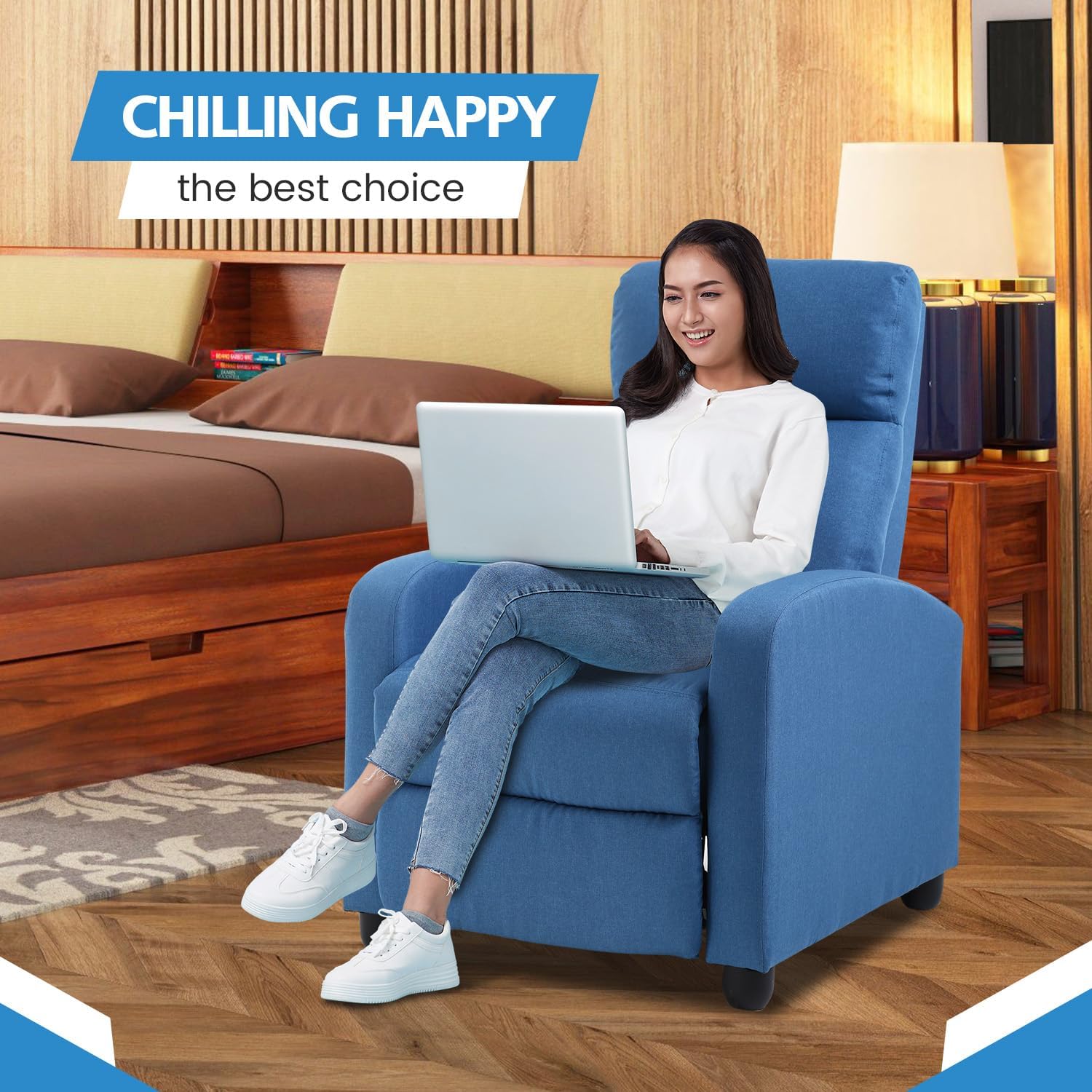 Recliner Chair for Adults, Living Room Chairs, Reading Chair with Fabric Padded Seat Backrest, Modern Reclining Easy Lounge, Bedroom Chair, Recliner Chair for Bedroom (Blue)