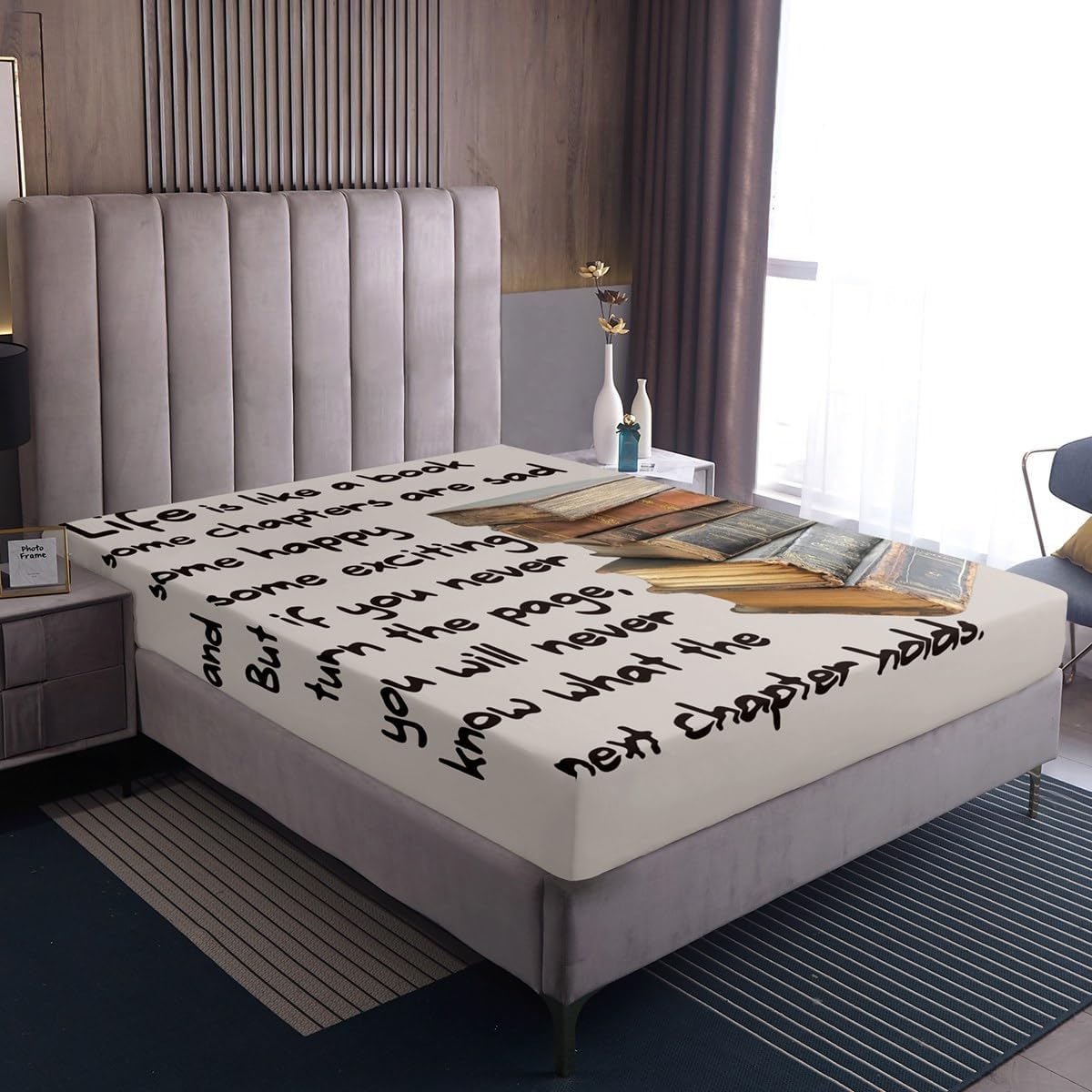 Book Bed Sheet Set for Kids Girls Boys Book Lover Bedding Set Bedroom Decor Motivational Phrases Fitted Sheet Educational Bed Cover No Flat Sheet Twin Size 2Pcs