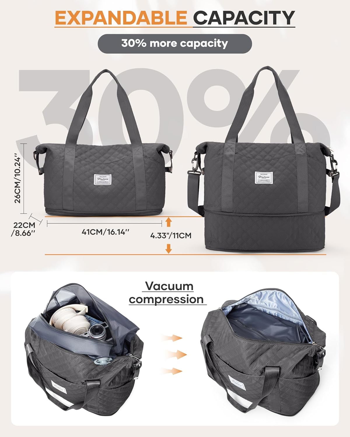 Vacuum Travel Duffel Bags for Women with Air Pump 18 x 14 x 8 inches Space Saver Vacuum Storage Compression Backpack Expandable Weekender Carry On Bag Duffle Gym Tote Travel Essentials Bag BlackGrey