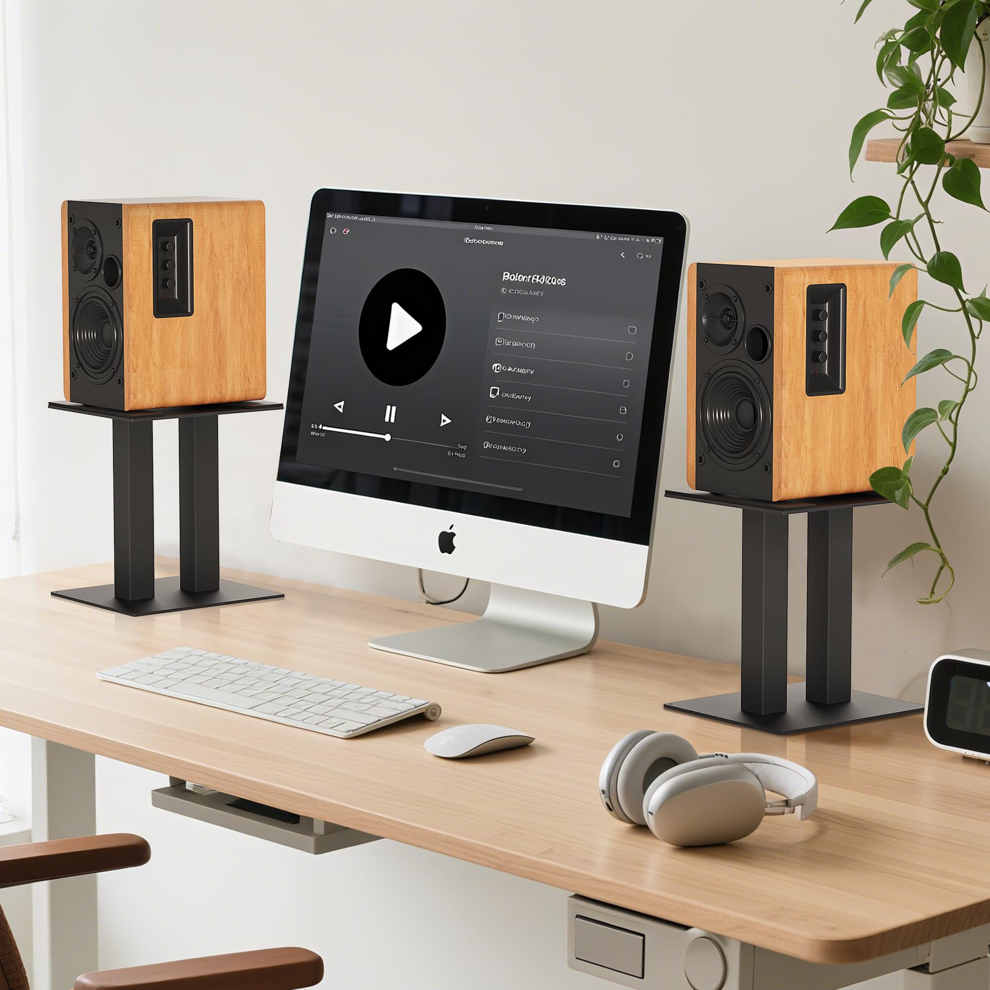 OUUTMEE Lot de 2 Supports d'Enceinte de Bureau, Pieds d'Enceintes en Métal Universels, Supports pour Haut-Parleurs d'Ordinateur et de Bibliothèque, Jusqu'à 13KG (Grande)