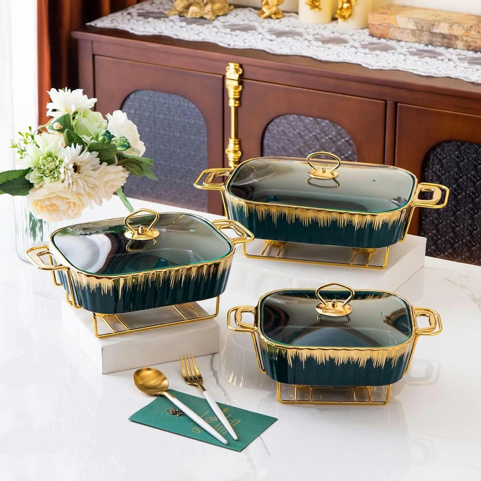 Scaldavivande In Ceramica, Scaldavivande Rettangolari Sotto Smalto Di Dimensioni Standard E Scaldavivande Per Buffet Con Coperchio In Vetro, Vassoio Scaldavivande Per Matrimoni, Feste E Banchetti, Ve