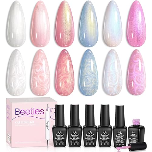 Beetles Pearl Gel Nail Polish - 6 Colors White Mermaid Pink Blue Swirl Thread Effect, UV LED Soak Off Pearl Gel Polish Set, Nail Art DIY Manicure Gift for Women