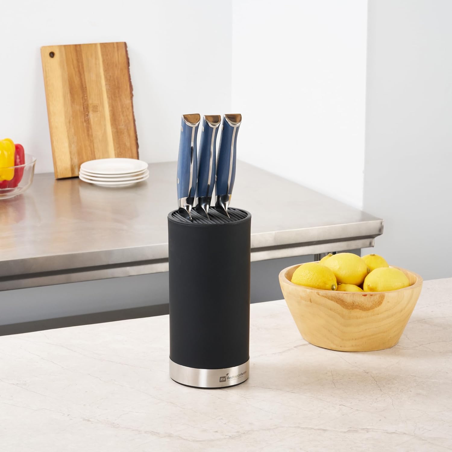 Restaurantware Sensei 4.3 x 8.8 Inch Round Knife Block 1 Round Slotted Knife Holder - Soft Touch Holds 9 Knives Black Plastic Universal Knife Holder For Easy Storage