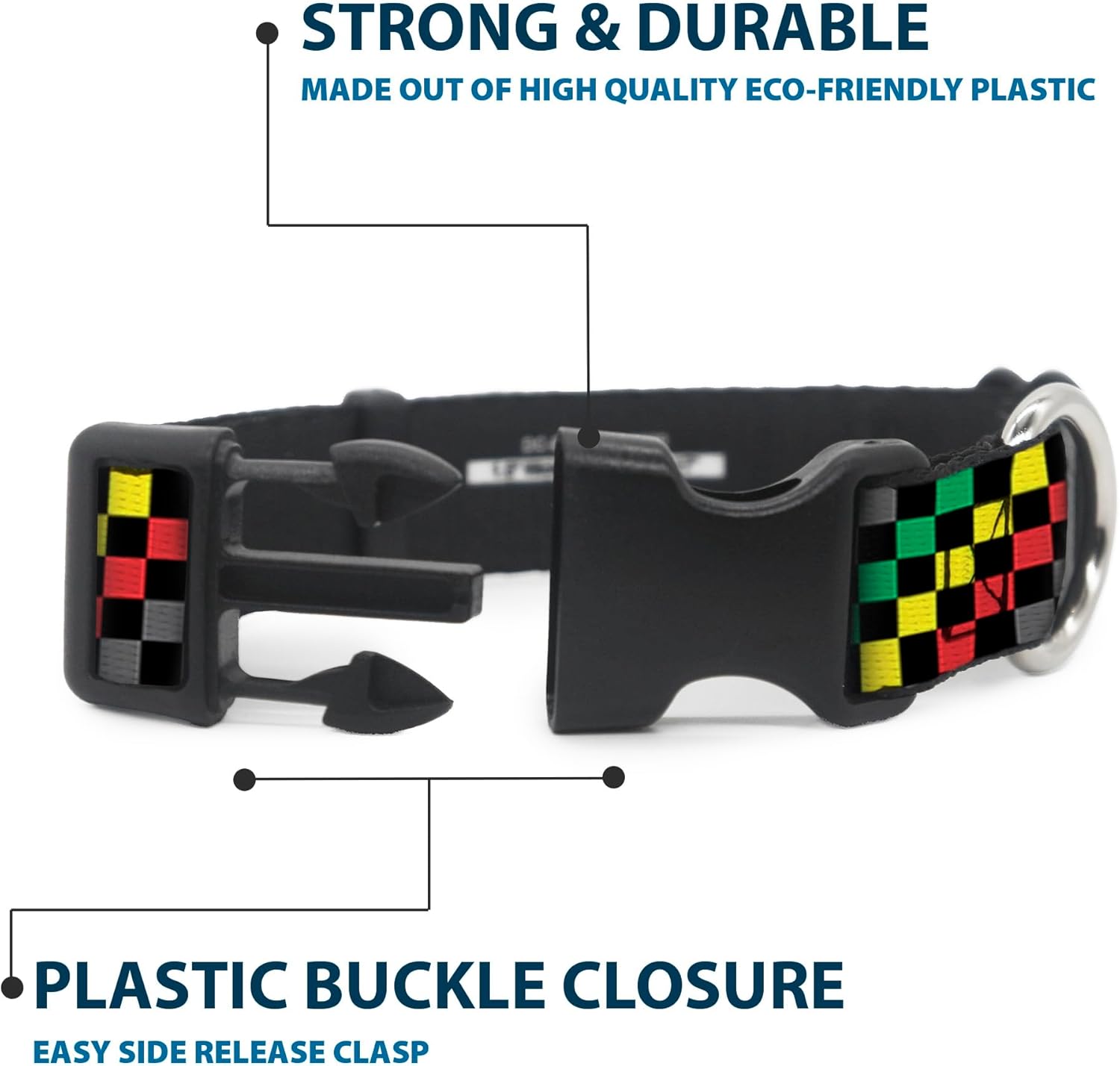 Buckle-Down Plastic Clip Collar - Checker Stripe Black/Gray/Rasta - 1.5" Wide - Fits 18-32" Neck - Large