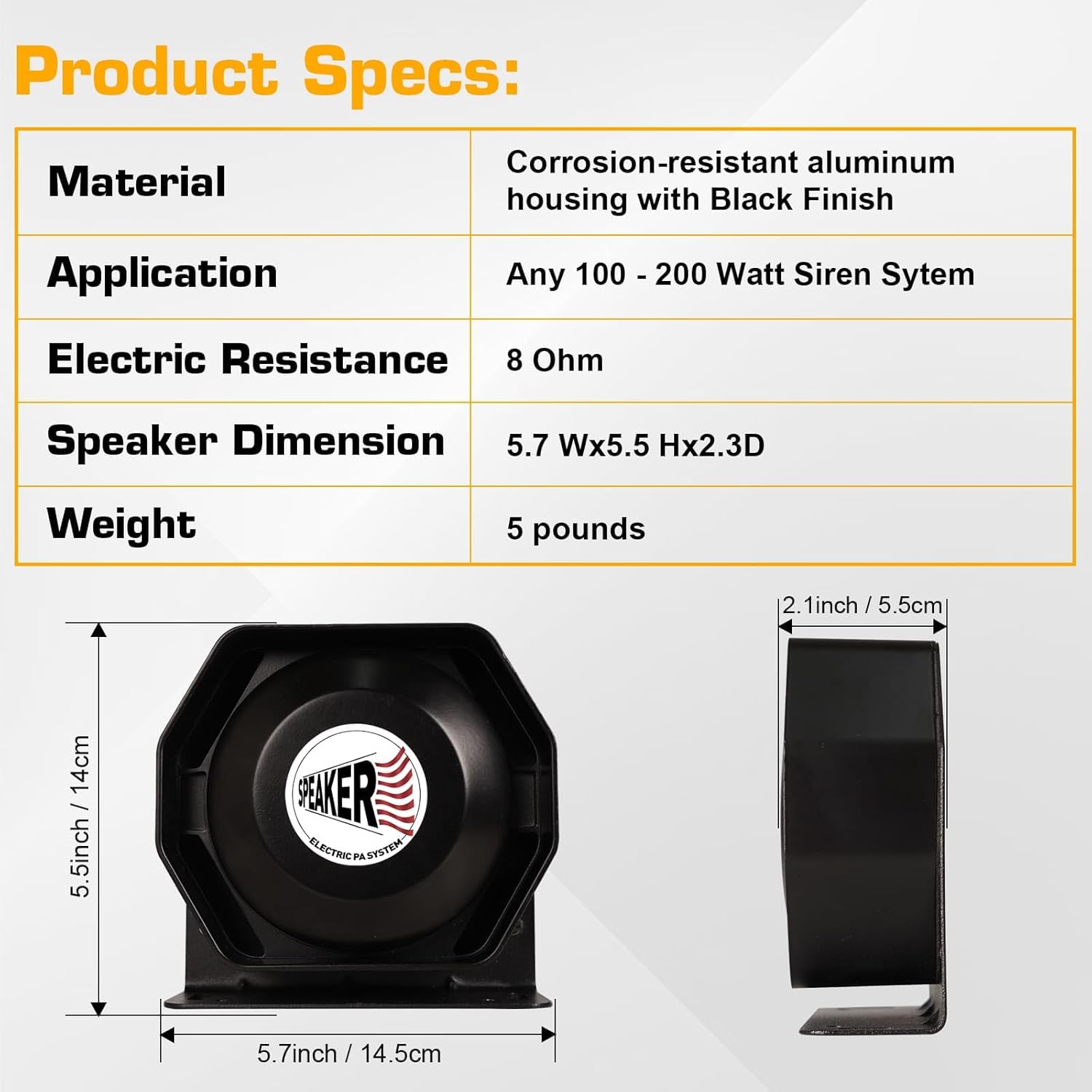 100W Ultra-Slim Siren Speaker, 8 Ohm 108-134dB PA Horn for Emergency Vehicles, IP66 Waterproof Aluminum Loudspeaker Compatible with 100-200W Siren Systems for Police Fire Ambulance Trucks