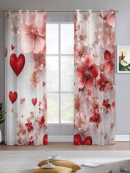 Valentines Day Sheer Curtains 84 Inches Long 2 Panels Set, Romantic Red Pink Love Heart Sweet White Floral Chiffon Sheer Panels for Bedroom Living Room 52x84in