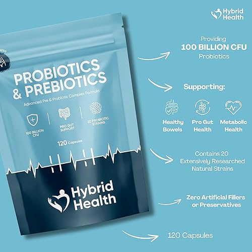 Miniatura 2 de Hybrid Health Complejo de probióticos y prebióticos  120 cápsulas veganas  100 mil millones de UFC  Fuerza avanzada con 20 cepas diversas  Pre y