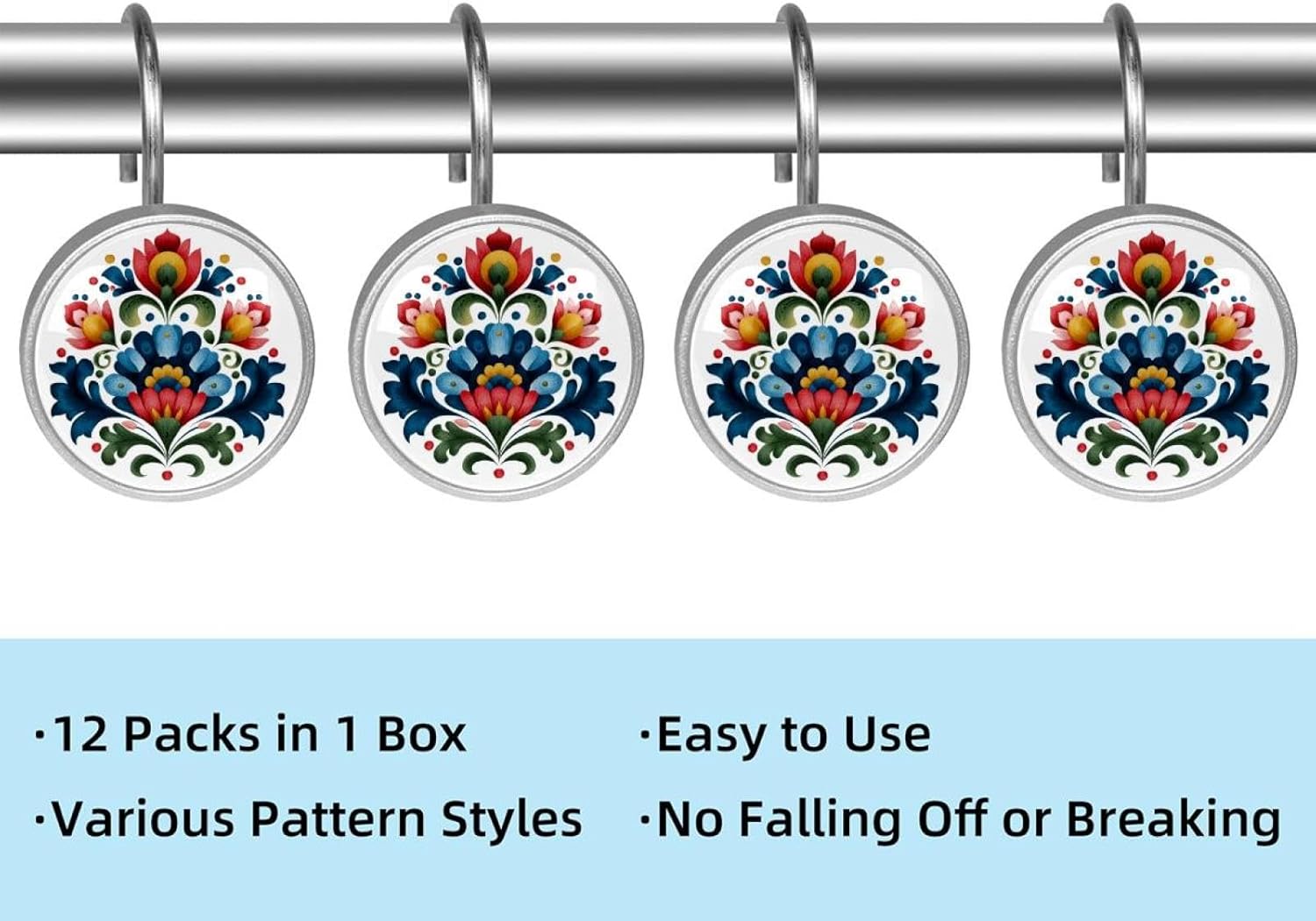 12PCS Norwegian Rosemaling Folk Style Flower (69) Shower Curtain Hooks Metal Rust Resistant Decorative Shower Curtain Hooks Bathroom Decorations