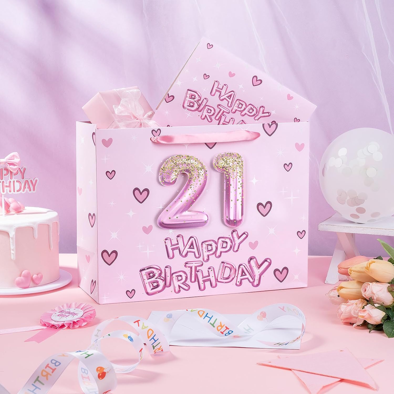 Loveinside 21st Birthday Gift Bag for Girls, Pink 3D Number 21 Balloons and Hearts Design, Medium Size Bag with Tissue Paper, Tag, Greeting Card, Ideal for Birthday Celebration, 10" x 5" x 13", 1 Pcs image 3