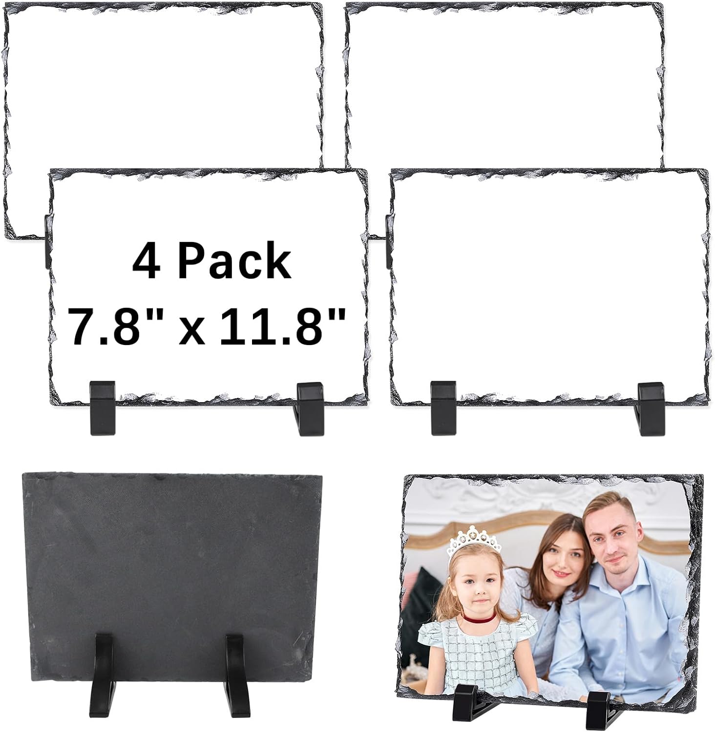 ORJ 4 PCS Sublimation Slate Blanks Custom Stone Slate Picture Frame Heat Transfer Rock Photo Plaque 7.8x11.8 in with Display Stand Decoration for Desktop Souvenir DIY Personalized Gift -Rectangle
