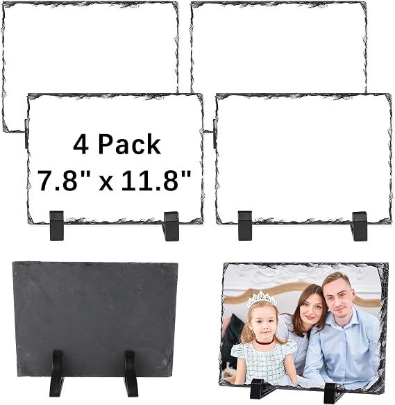 ORJ 4 PCS Sublimation Slate Blanks Custom Stone Slate Picture Frame Heat Transfer Rock Photo Plaque 7.8x11.8 in with Display Stand Decoration for Desktop Souvenir DIY Personalized Gift -Rectangle