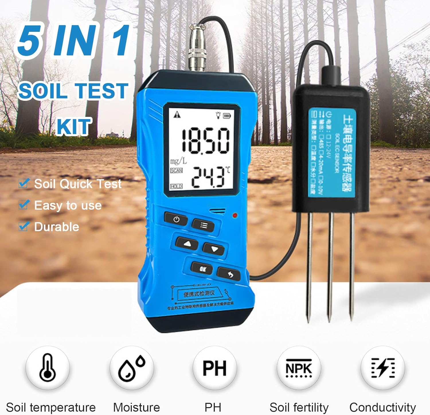 5-in-1 Soil Test Kit - Multi-Function pH, EC, Moisture, NPK Meter for Plants & Soil - Essential Gardening Tool for Accurate Soil Nutrient Detection in Garden & Farm