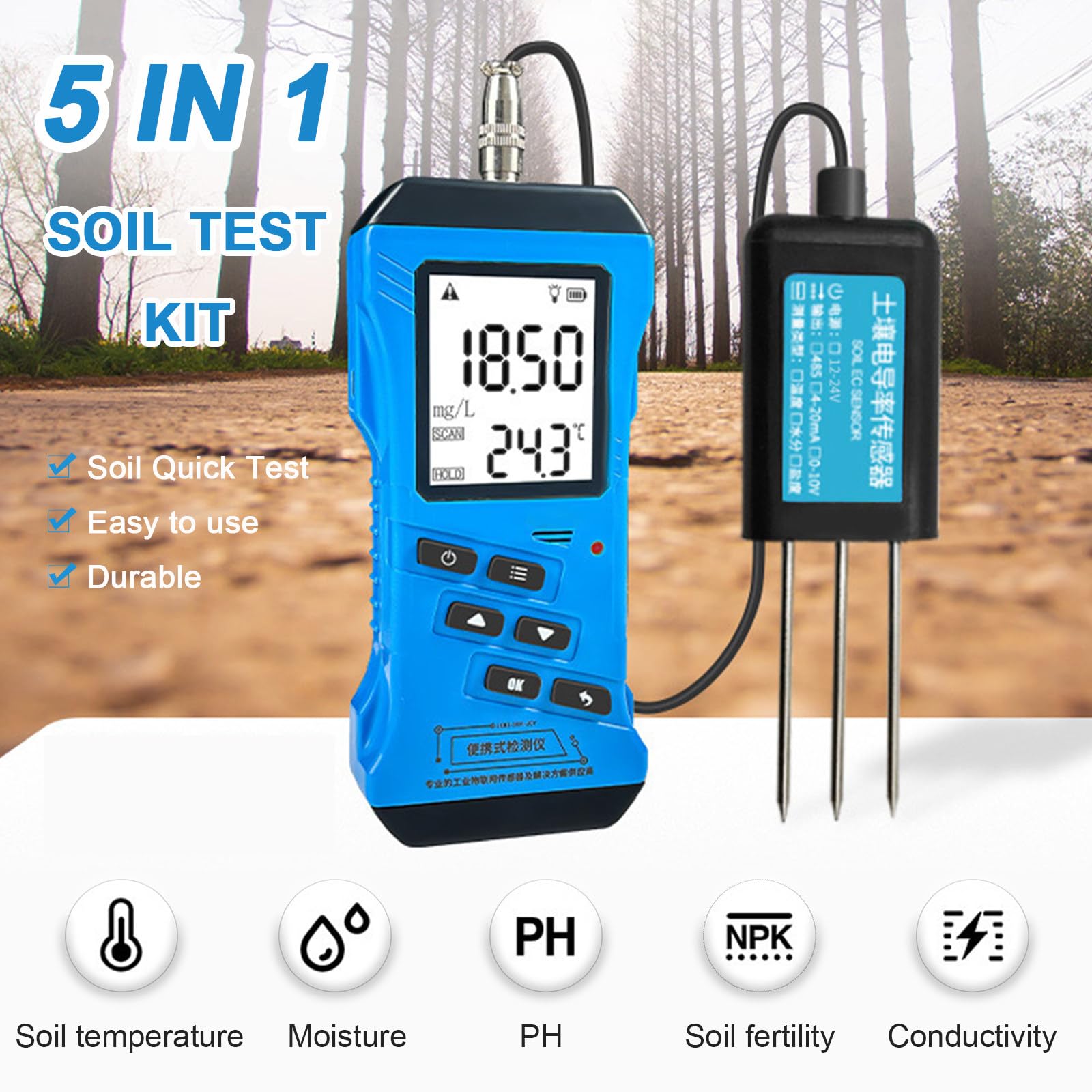 Tester per suolo 5 in 1, misura pH, umidità, EC, nutrienti, temperatura con display a LED per analisi di giardini e fattorie