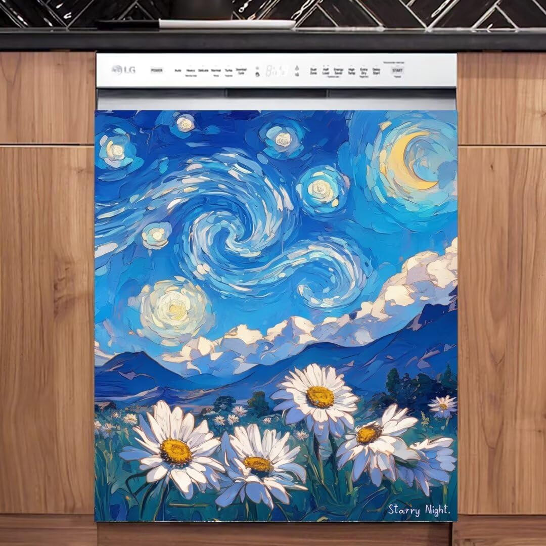 Farmhouse Sunflower Magnet Dishwasher Door Cover Panel Decal, Starry Night Painting Magnetic Fridge Vinyl Door Cover, Country Flower Home Decorative Refrigerator Cover - Magnetic 23" x 26"