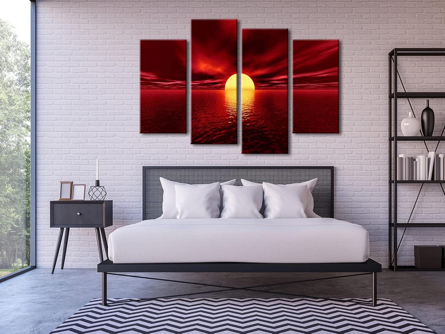 Wieco Art 4 Piece Red Sea Canvas Wall Art, Modern Sun Seascape Beach Canvas Prints, Stretched Ocean Landscape Artwork, Ready to Hang Wall Decor for Living Room Bedroom Home Office