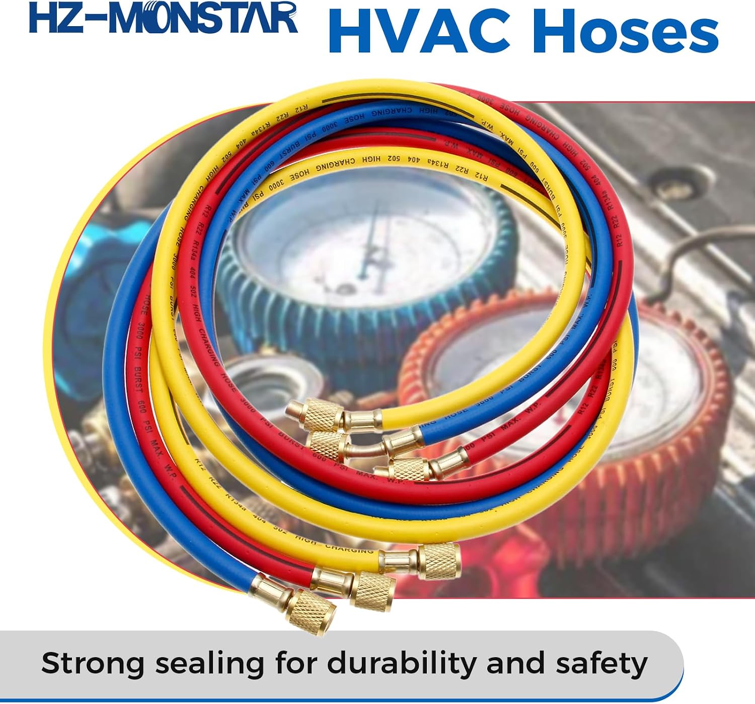 AC Manifold Gauge Hose Kit, 60" Refrigerant Charging Hose 1/4" SAE, Air Condition Refrigerant 600PSI Thread Hose for R134A R12 R22 R502 Red/Yellow/Blue (3pcs)