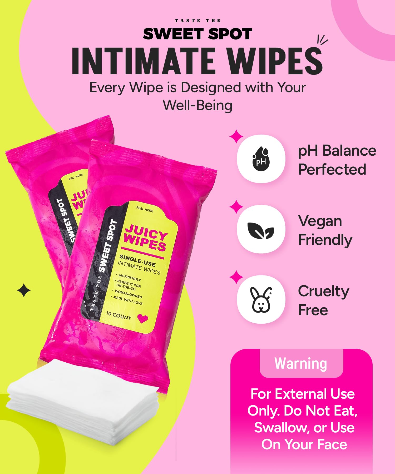 SWEET SPOT Flushable Feminine Wipes for Odor Control, pH Balance - Paraben-Free & Vegan, Intimate Wipes with Aloe Vera & Botanical Extracts - Ideal for Periods, Gym & Travel - 10ct