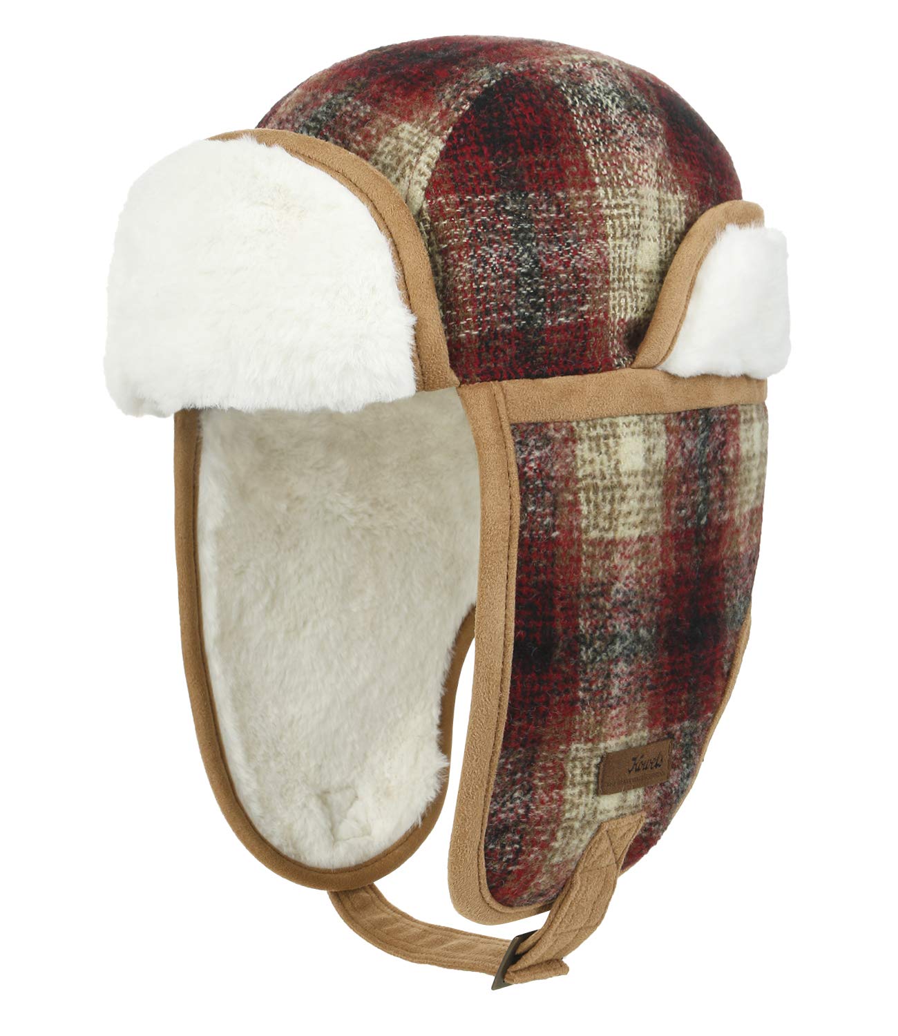 ililily Howels Wool Plaid Pattern Aviator Trapper Trooper Faux Fur Ear Flaps Hat, Red Plaid