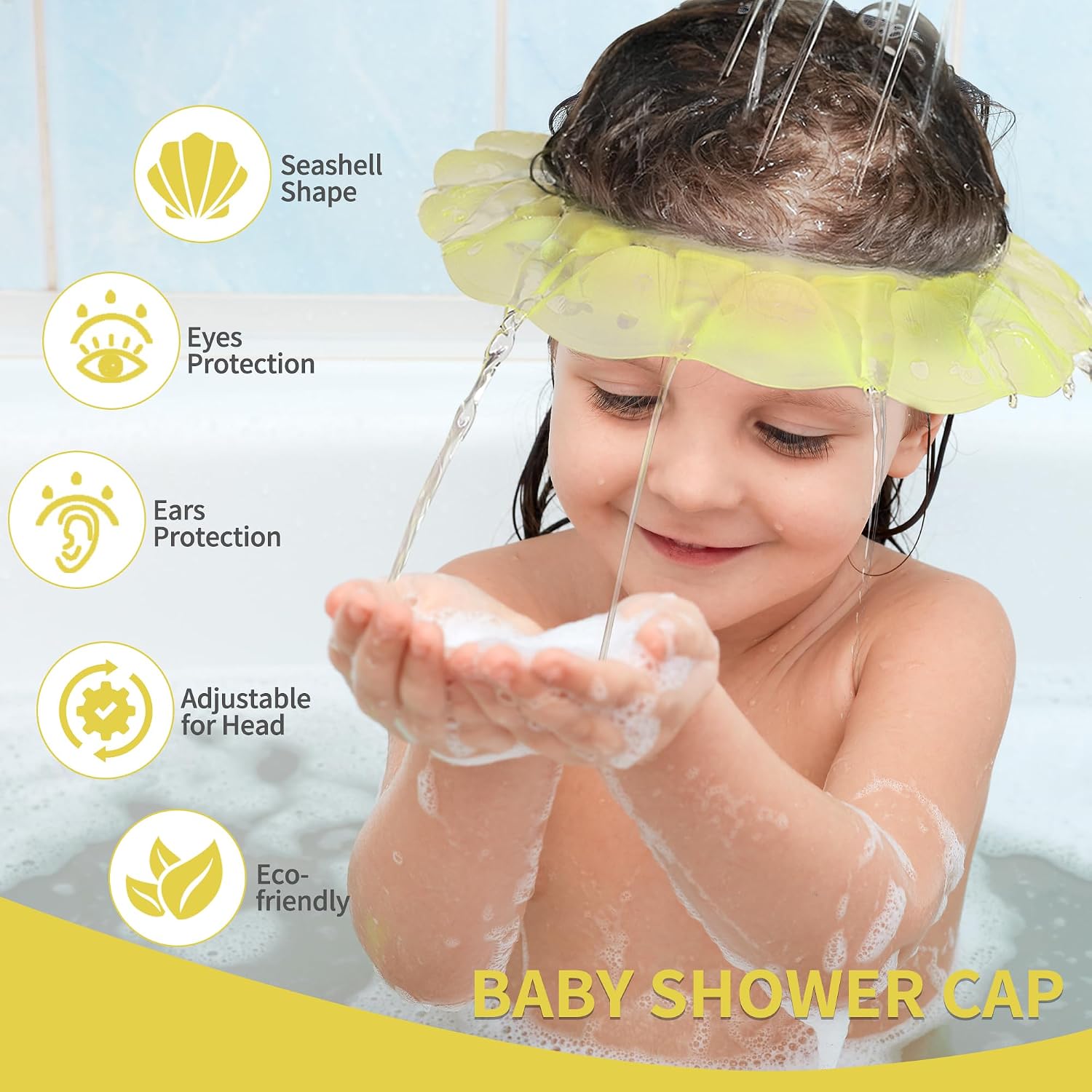 kair Baby Kids Bath Visor Soft Adjustable Silicone Toddler Children Shower Cap Hair Washing Hat Keep Kids Shield Water Out of Eyes & Ears Head Circumferences 17" - 24" (Yellow, More Than 24 Months)