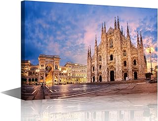 1 Panel Canvas Wall Art Milan Cathedral on Sunrise, Italy Posters and Prints, Landscape Artwork for Living Room Wall Decoration, Stretched Framed Gallery-Wrapped Ready to Hang, 24" Wx16 H