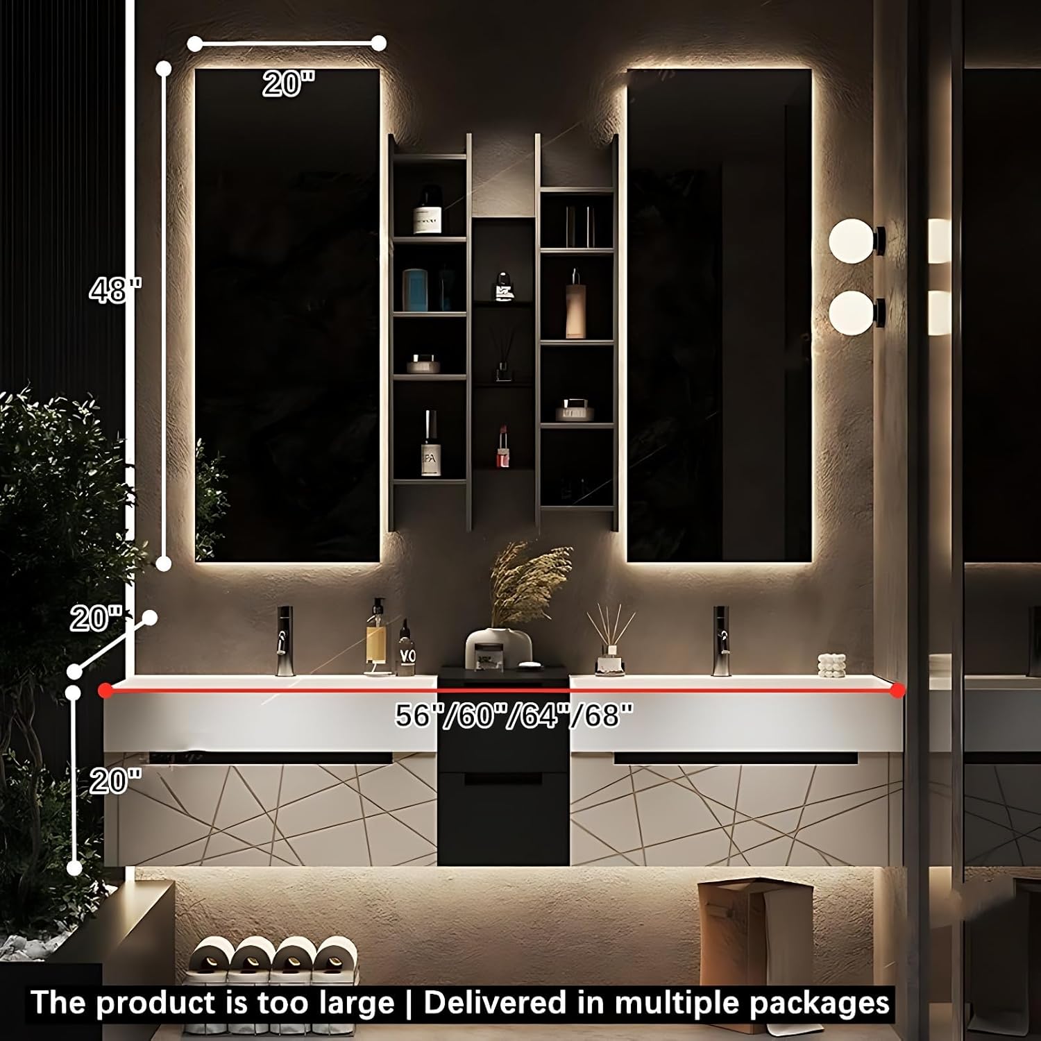 Double Bathroom Vanity with Sinks - Stylish Floating Bathroom Vanity Set - Includes LED Smart Defogging Mirror & Faucet - Multi-Layer Solid Wood Material (Gray, 64 in)