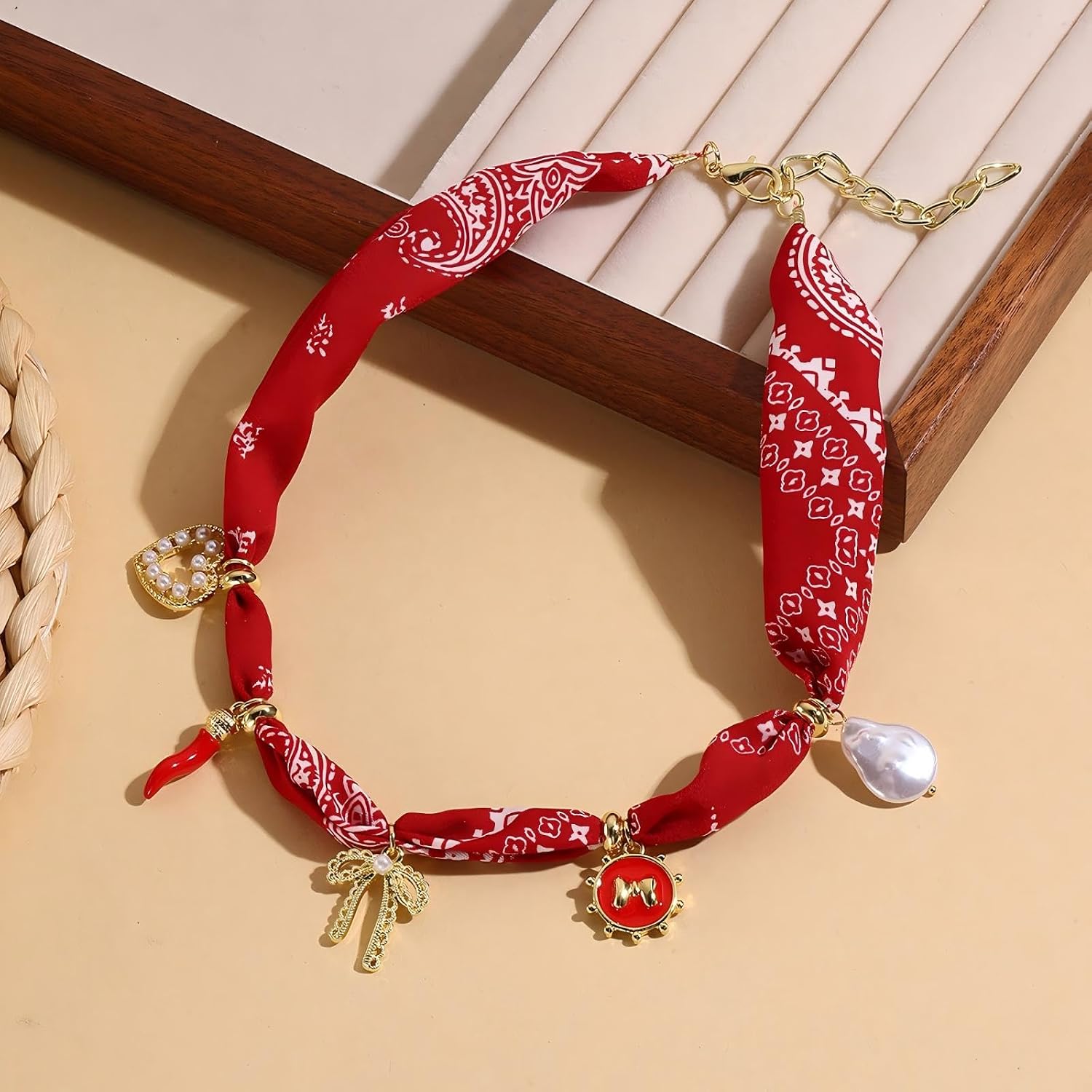 Beach Scarf Necklace With Charm Bandana Charm Necklace with Bow Cherry Scarf Necklaces for Women Summer Fashion Jewelry Gift
