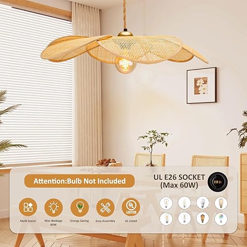 Miniatura 3 de Lámpara colgante de bambú para enchufar, pantalla de ratán tejida a mano con flores de 24 pulgadas, lámpara bohemia regulable sin escalones, lámpara