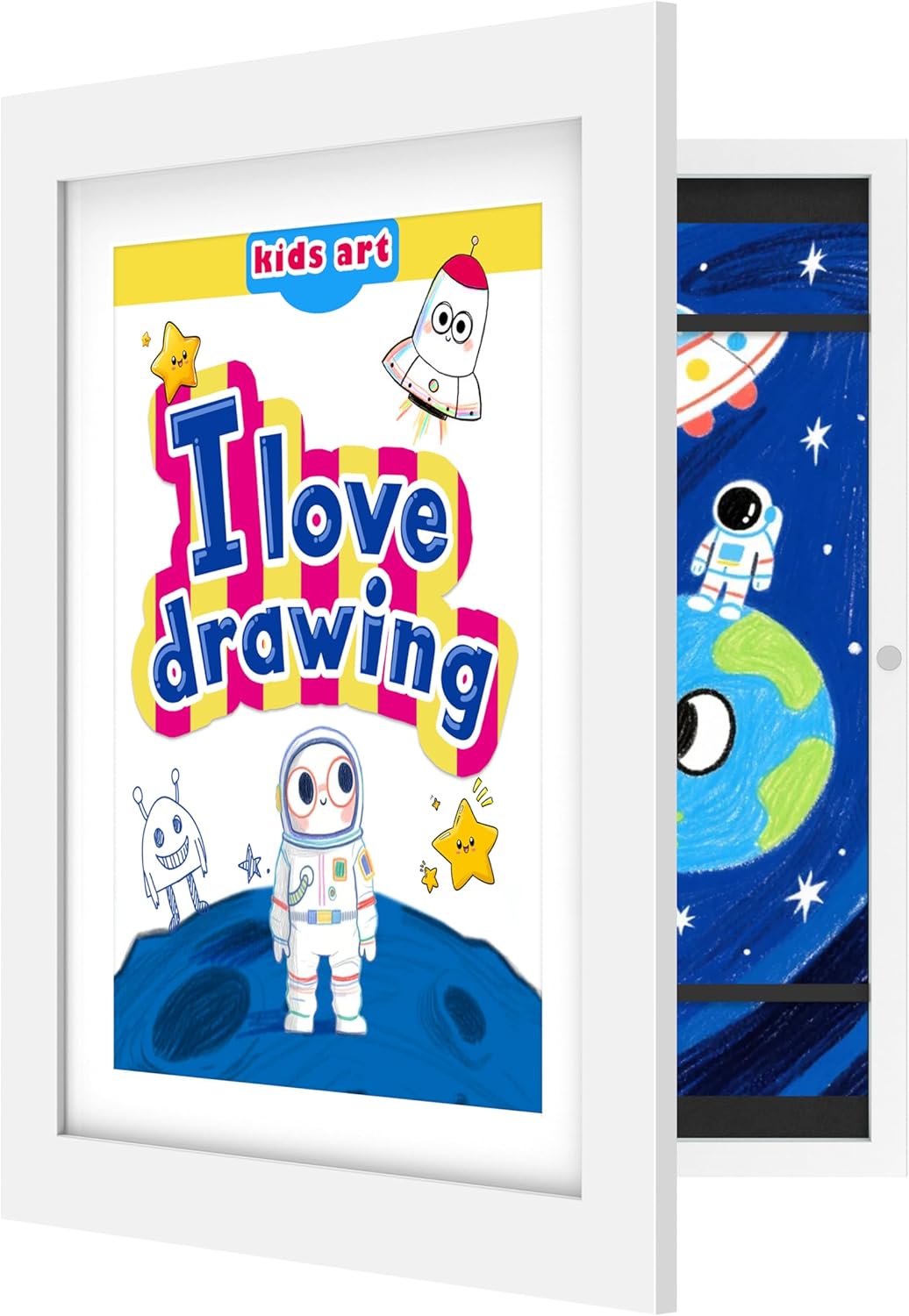 FrameWorks 10″x12.5″ White Wooden Kids Art Frame with Magnetic Door – Display for 3D Artwork, Photos, Crafts – Gallery Style Edges Wall Decor for Home, Playroom, Easy Access Frame for Creativity